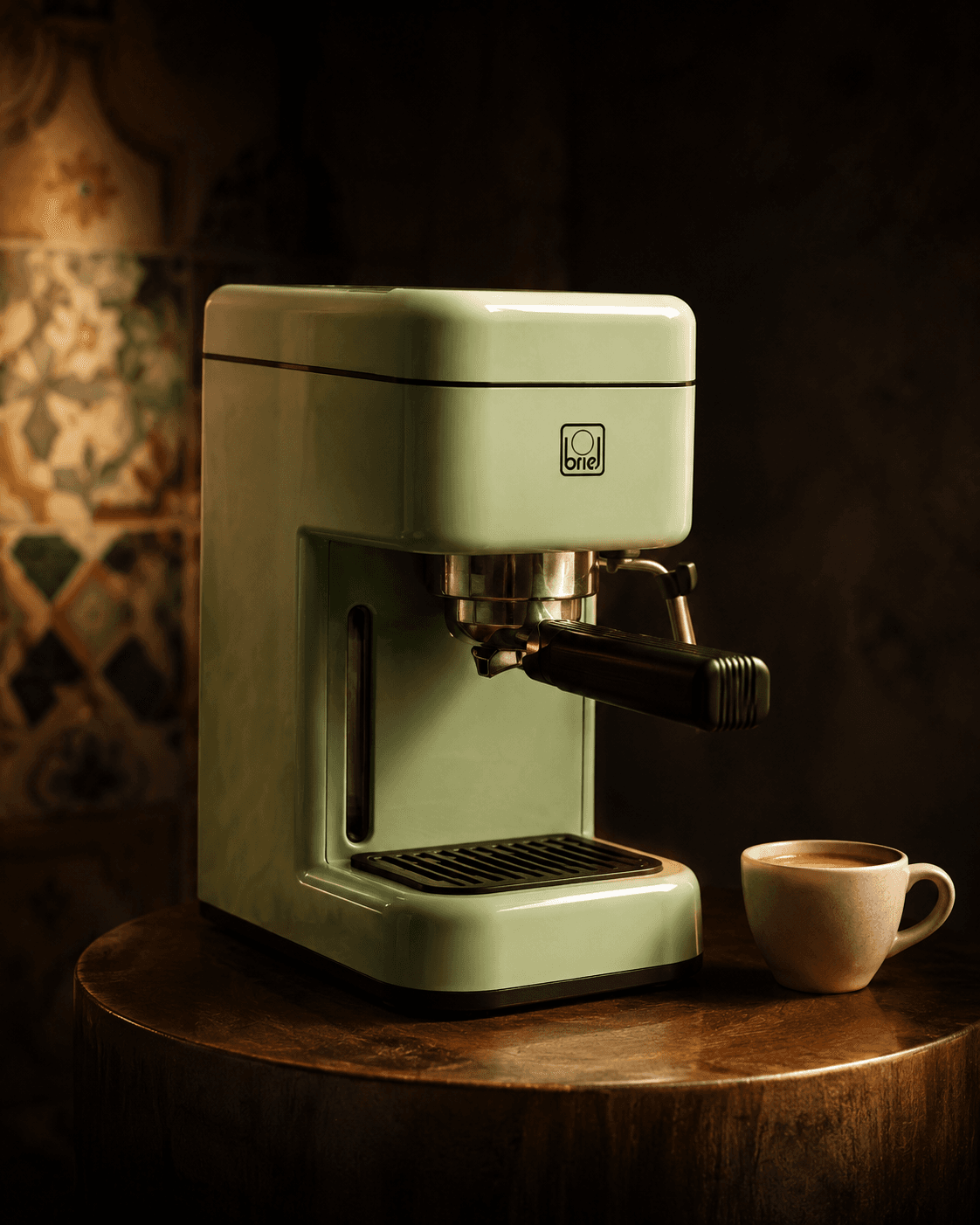 Máquina de café Briel em verde vintage, numa cozinha portuguesa tradicional de São João